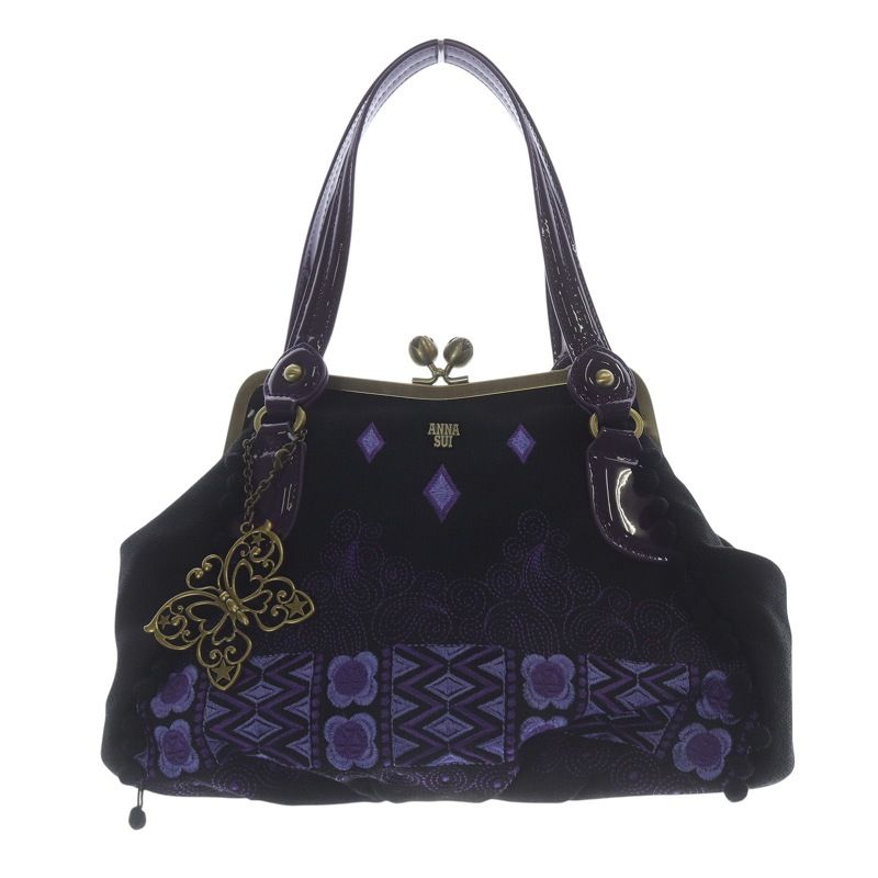 ANNA SUI 黒 ハンドバッグ 蝶のチャーム付き ANNASUI】アナスイ蝶チャーム付き黒レザーハンドバッグ - メルカリ