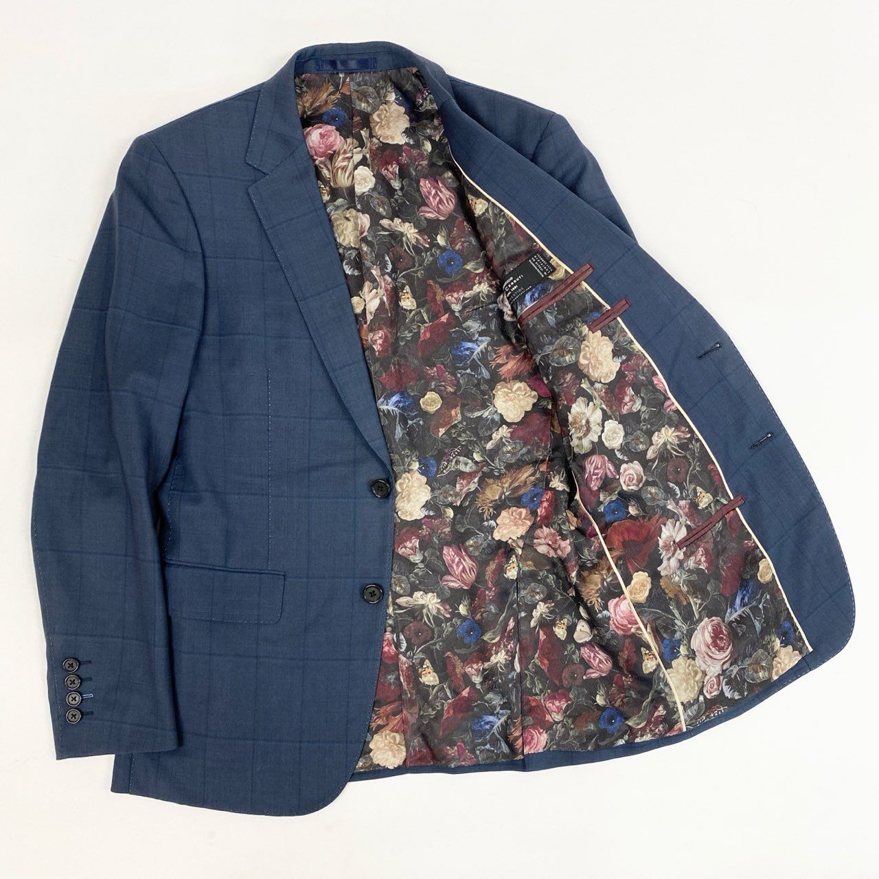 33i25 Paul Smith ポールスミス イタリア製生地 裏地花柄 シングルスーツ セットアップ M ブルー チェック ウール メンズk02i