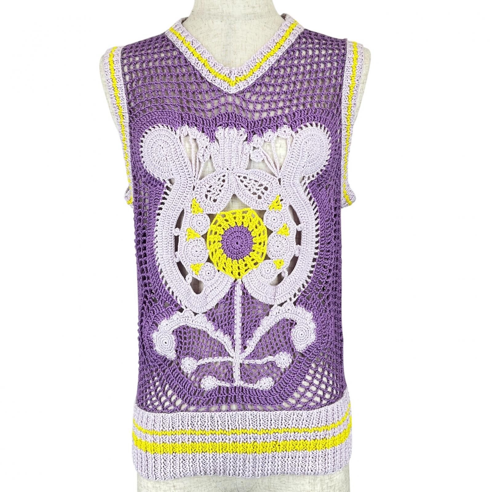 ▲PATOU パトゥ KN05180335035 コットン100％ ハンドメイド クロシェ ベスト パープル S レディース タグr付き 定価148 500円