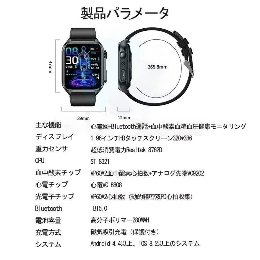 スマートウォッチ 心電図PPG+ECG 血糖値 通話機能 血圧測定 モニタリング 体温 血中酸素 心拍数 着信通知 1.96インチ 日本語 大画面  スマートウォッチ 防水 心もとなく iPhone Android LINE 男女兼用 日本語取説 耐衝撃 ミラネーゼ 腕時計 丸型