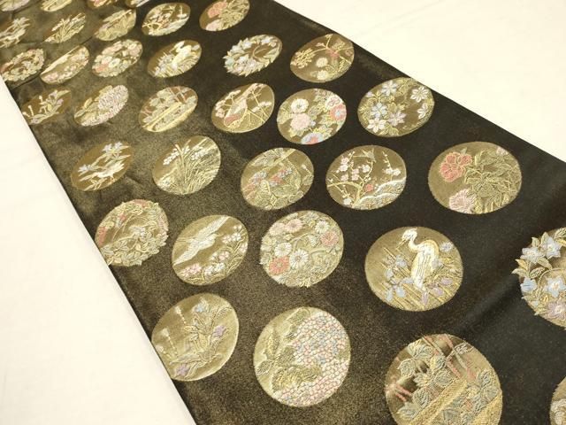 平和屋着物▽六通柄袋帯 丸取四季草花文 黒地 金糸 正絹 逸品