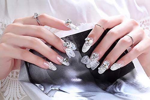 ホワイト 24PCS ネイル花嫁 ?婚する 長い偽の爪 ストーン・ビジュー 可愛い優雅ネイル (ホワイト)