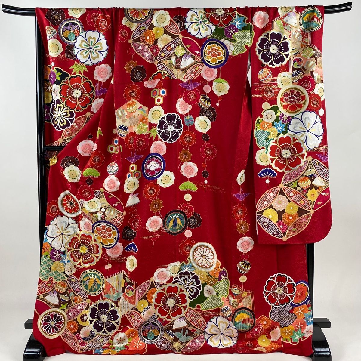 振袖 身丈175cm 裄丈73.5cm L 袷 松竹梅 玩具 金銀糸 箔 赤 正絹 名品