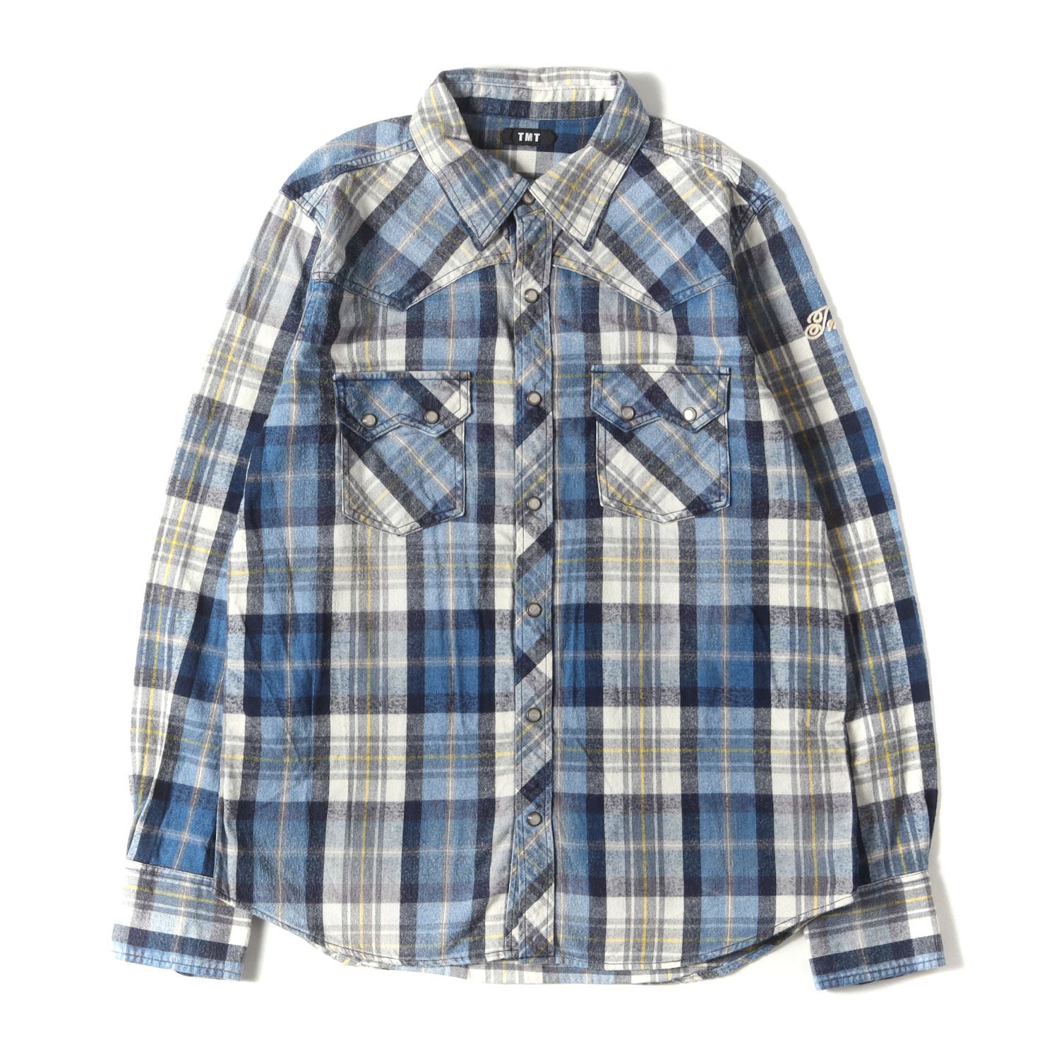 TMT シャツ サイズ:L ヴィンテージ加工 インディゴ チェック ウエスタン フランネルシャツ INDIGO NEL CHECK WESTERN  SHIRTS ブルー ホワイト トップス カジュアルシャツ 長袖【メンズ】 - メルカリ