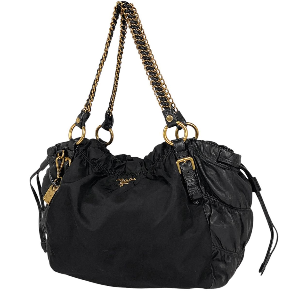 プラダ PRADA ロゴ チェーン ショルダーバッグ ナッパレザー ギャザー