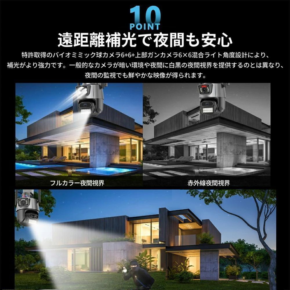防犯カメラ 屋外 家庭用 wifi 800万画素 パンチルト モーショントラッキング IP66 防水 音声通話 監視カメラ 人感録画 工事不要