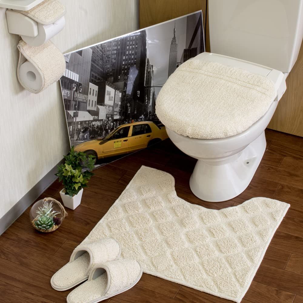 San-Luna トイレタリー 4点セット コットン パヴェ アイボリー 綿 滑り止め | トイレマット 55cm × 60cm トイレふたカバー スリッパ トイレットペーパーホルダー 洗える おしゃれ かわいい 綿 コットン 足元