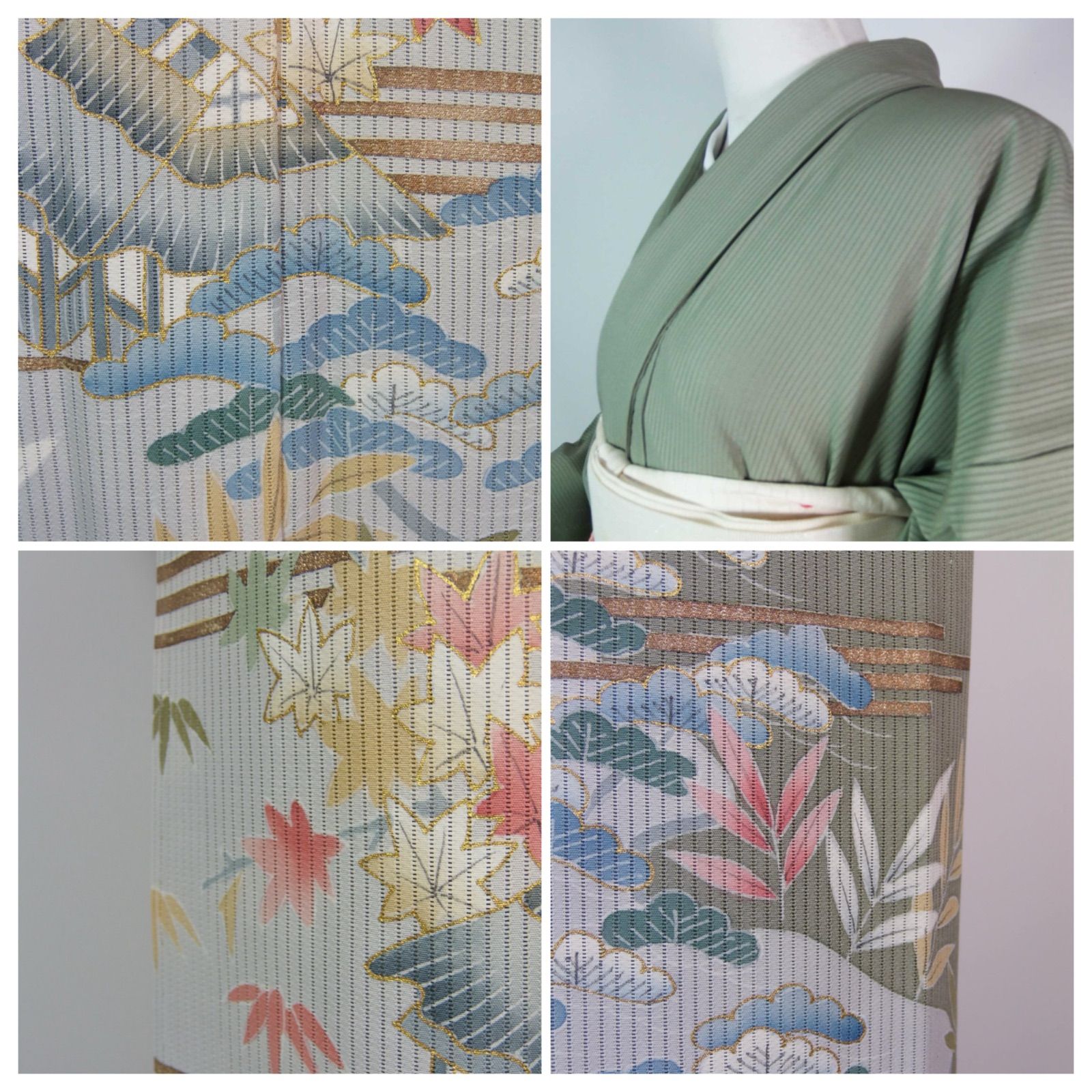 極美品　夏着物　縦絽　色留袖　一つ紋　丸に木瓜紋　茶屋辻　灰色帯びた緑　しつけ付 極美品 夏着物 縦絽 色留袖 一つ紋 丸に木瓜紋 茶屋辻文様 正絹
