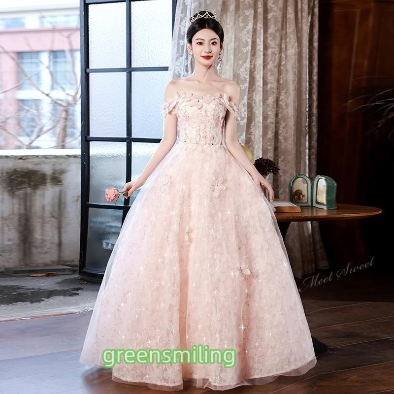  ドレス ピンク オフショルダー フラワー 花 ウェディングドレス 編み上げ ウエディングドレスドレス パーティードレス 演奏会 二次会 パーティードレス ドレス ブライダル