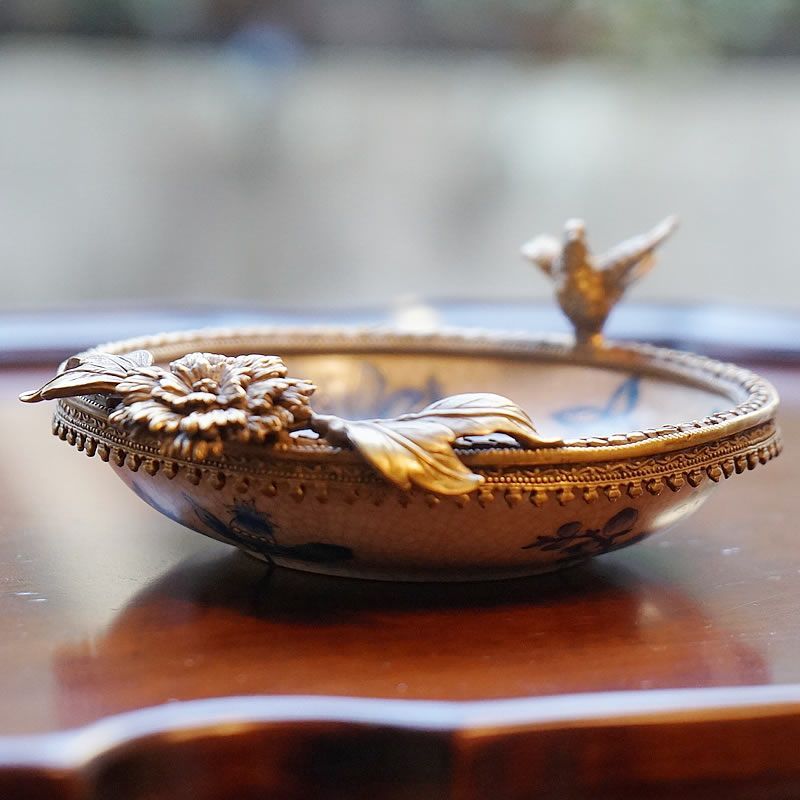 飾りプレート 置き物 オブジェ 陶器 花 鳥 ブルー ゴールド 小物
