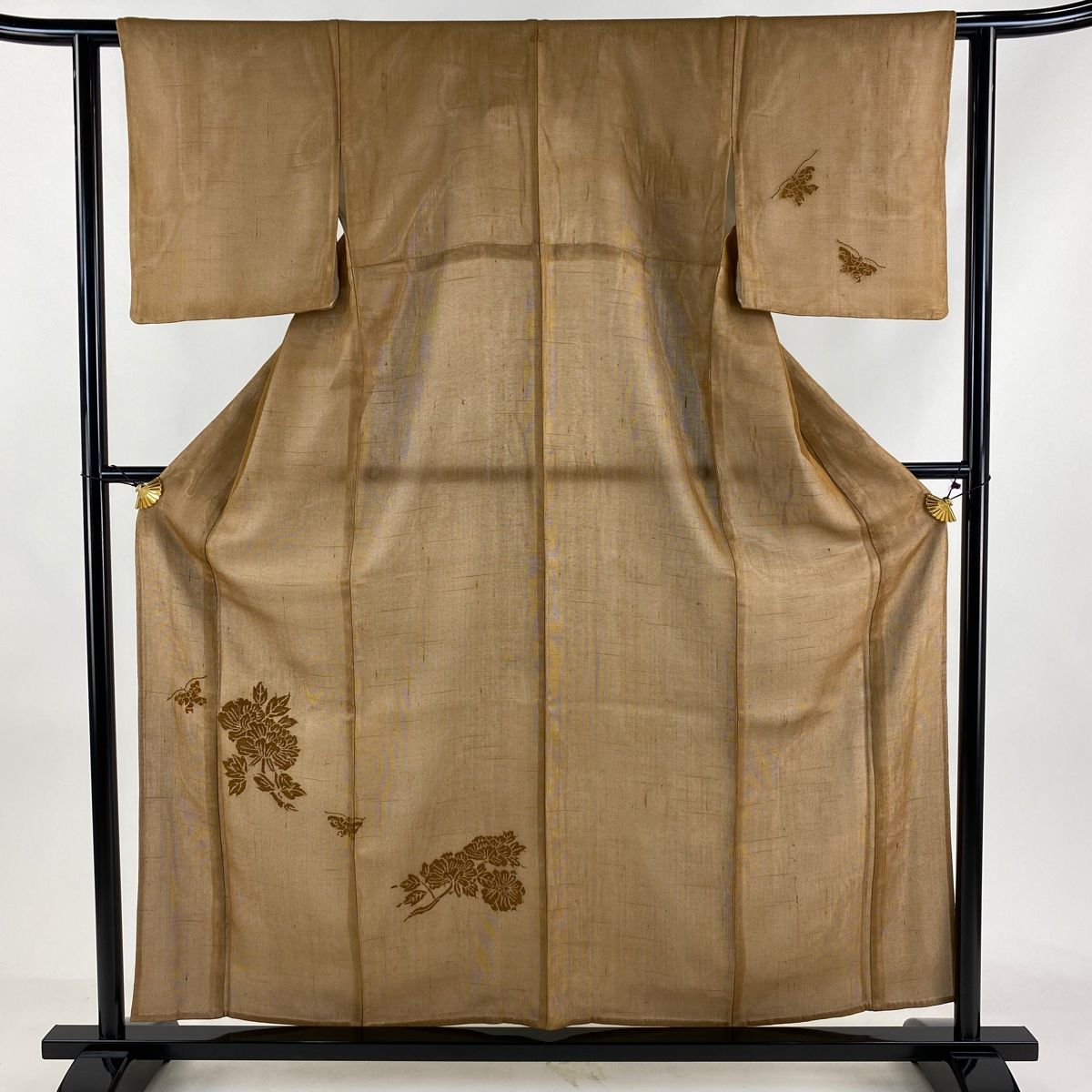 付下げ 身丈158cm 裄丈60cm S 単衣 牡丹 蝶 茶色 正絹 秀品 一つ紋