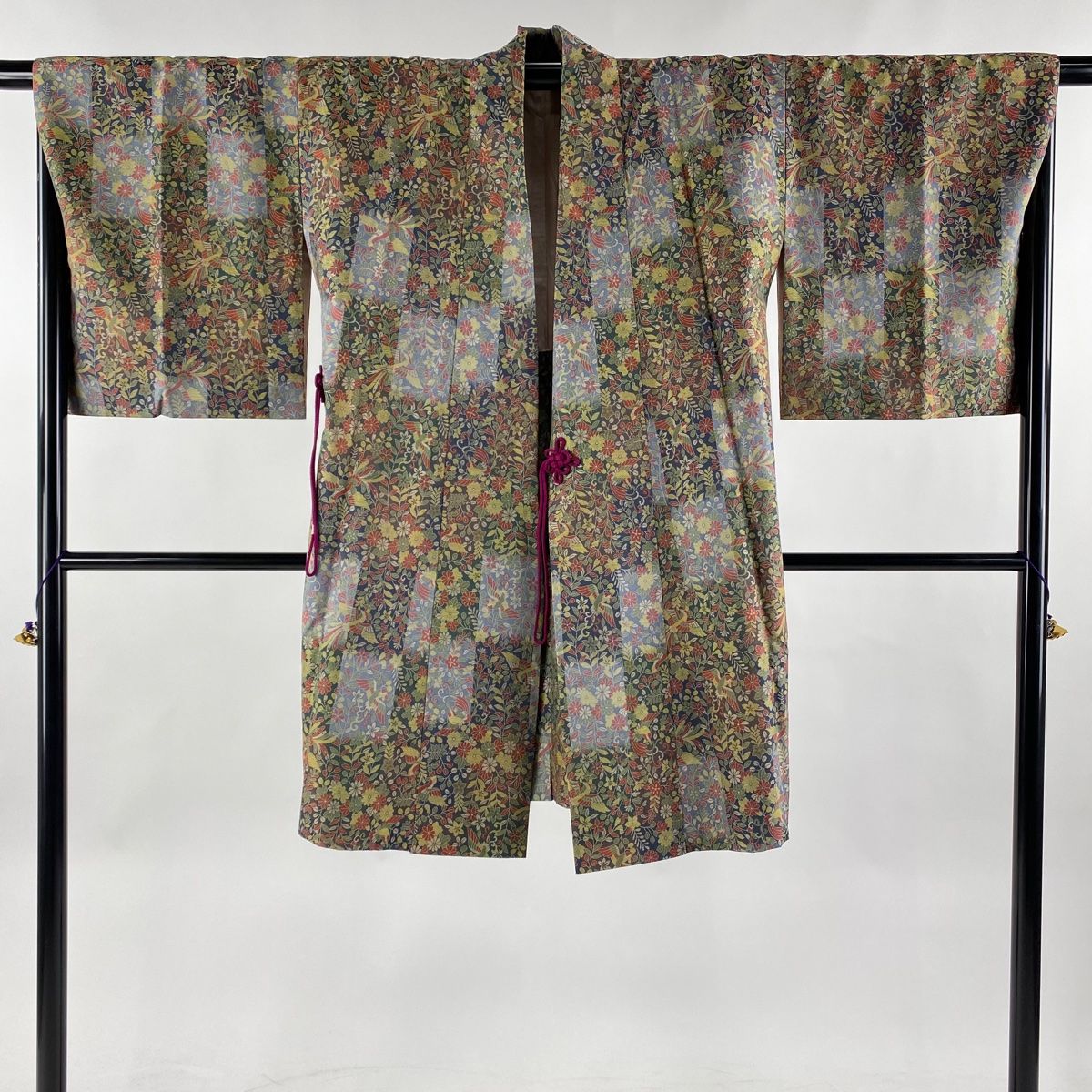 道中着 身丈104cm 裄丈64.5cm M 和装コート 草花 尾長鳥 灰緑 正絹 美  