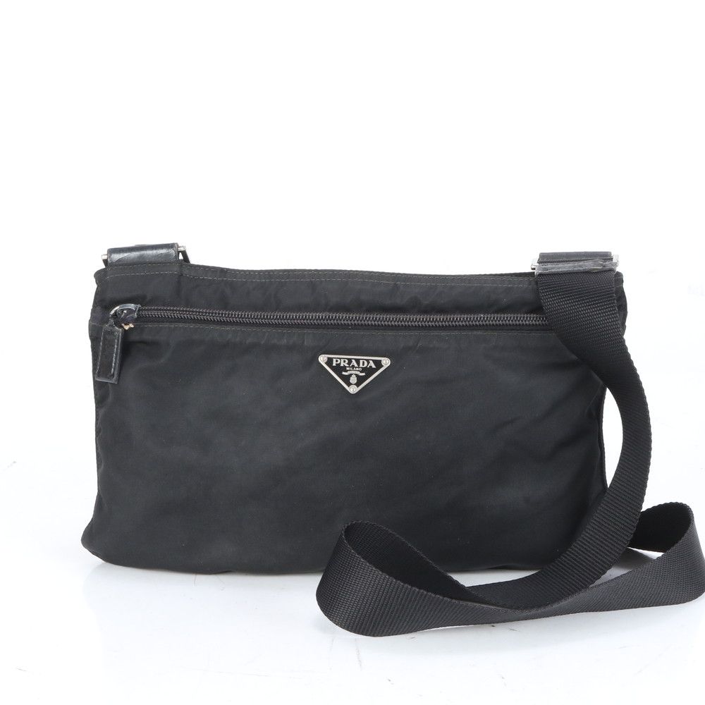 PRADA メッセンジャーバッグ ブラック 三角ロゴ レザー テスートナイロン PRADA プラダ ショルダーバッグ ナイロン レザー 三角ロゴ ブラック