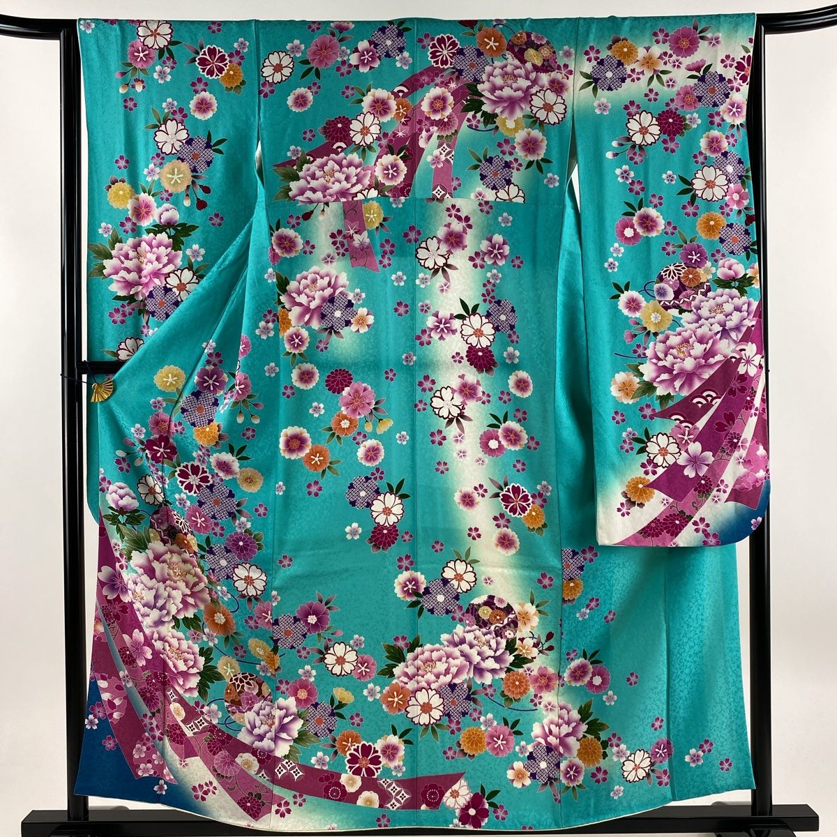 振袖 身丈157cm 裄丈64.5cm M 袷 鈴乃屋 手鞠 牡丹 箔 染め分け 青緑 