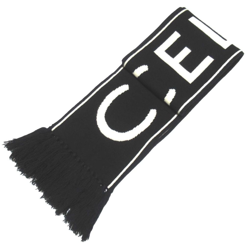  CELINE セリーヌ ウール カシミヤブレンド ロゴ フリンジ ニット マフラー ブラック×ホワイト メンズ 古着 マフラー 小物