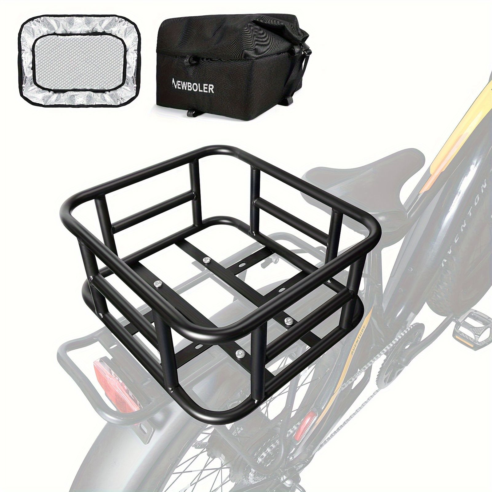 NEWBOLER ヘビーデューティーメタルバイクラックバスケット ライニング付き ブラック フレームマウント 1個 鉄製 電動自転車 カーゴバイク アウトドアサイクリングギア用