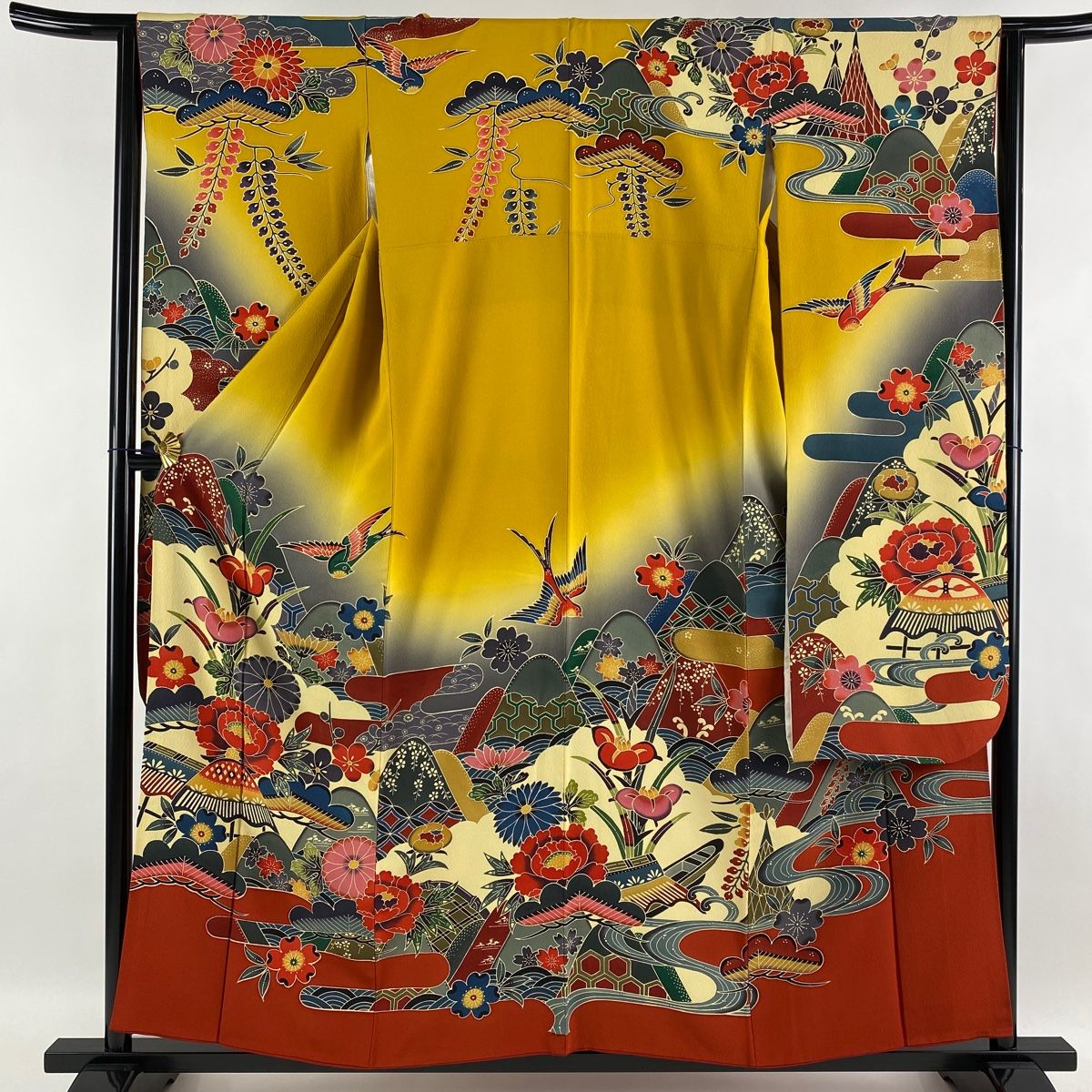 振袖 美品 名品 落款 花鳥 ヱ霞 ぼかし 山吹色 袷 身丈157.5cm 裄丈