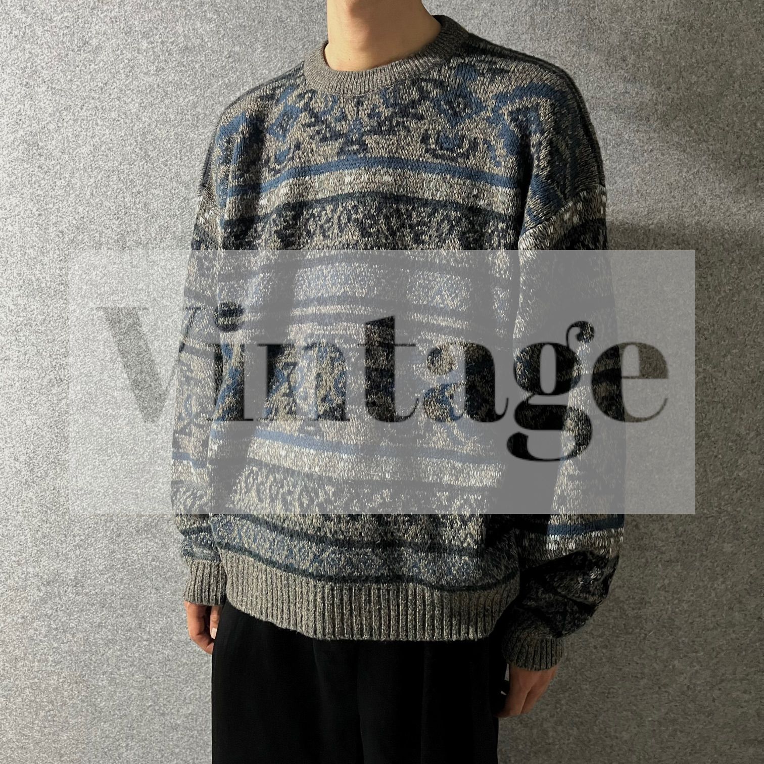【vintage】レトロデザイン 総柄 幾何学 アクリル ニット セーター XL古着屋arie✿K47