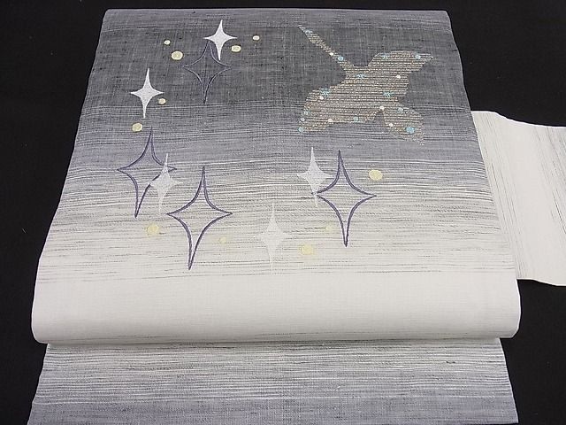 平和屋2□極上 夏物 織物の名産 近江ちぢみ 麻 九寸名古屋帯 刺繍 星座