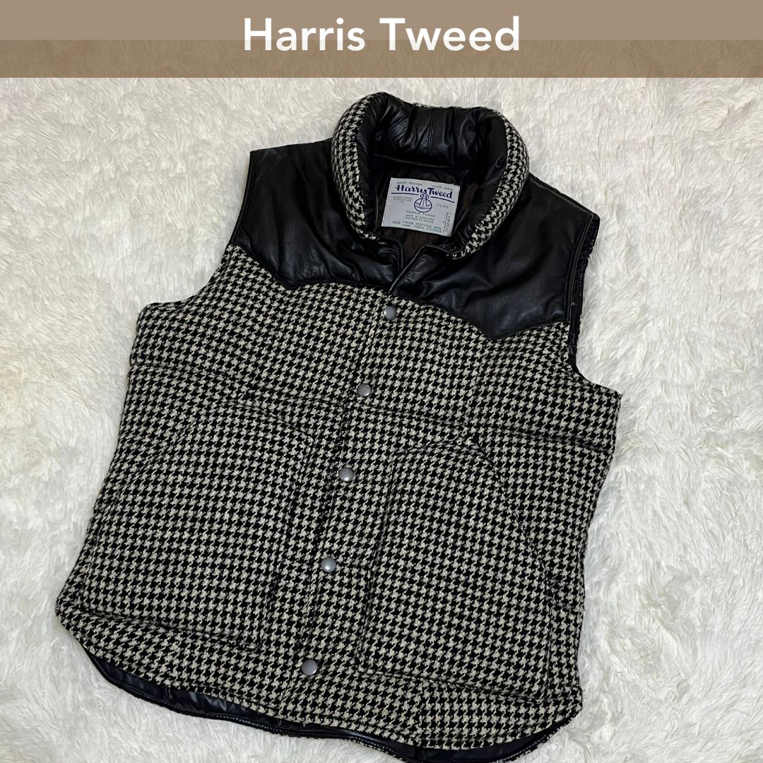 美品 Harris Tweed ハリスツイード ダウンベスト レザー 千鳥格子 M