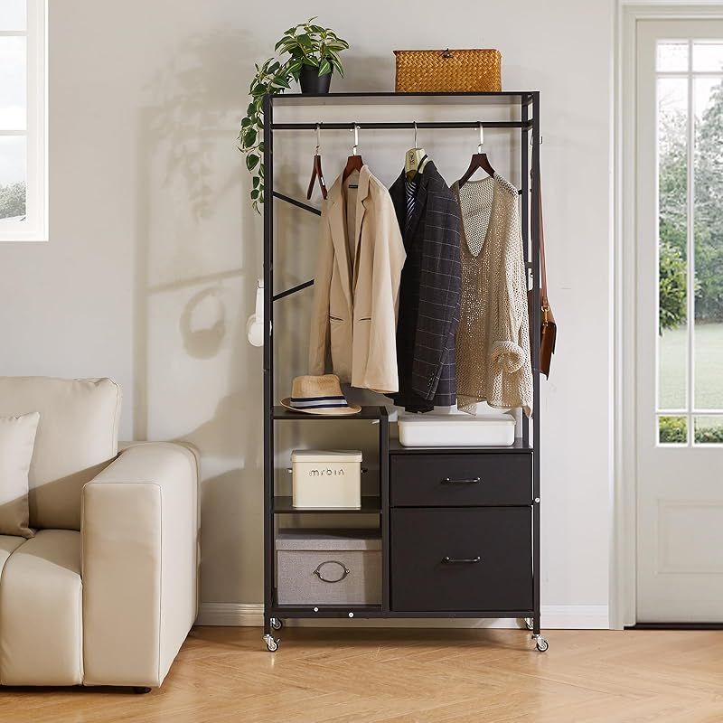 Aibiju ハンガーラック 棚付き 引き出し付き ハンガーシェルフ 洋服掛け スタンド 4段 頑丈 服収納ラック 衣架 幅84×奥行35×高さ170cm 組み立て簡単 ブラック YD-TM080B 0