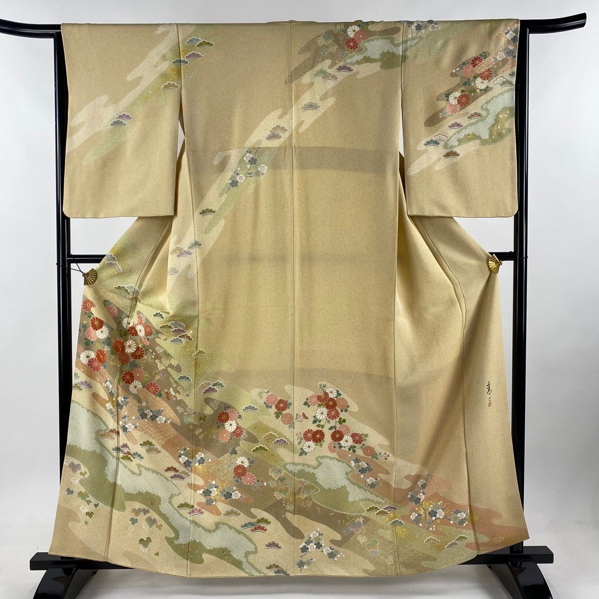 訪問着 身丈160cm 裄丈63cm S 袷 松井青々 落款 菊 笠松 金糸 金銀彩 ベージュ 正絹 名品