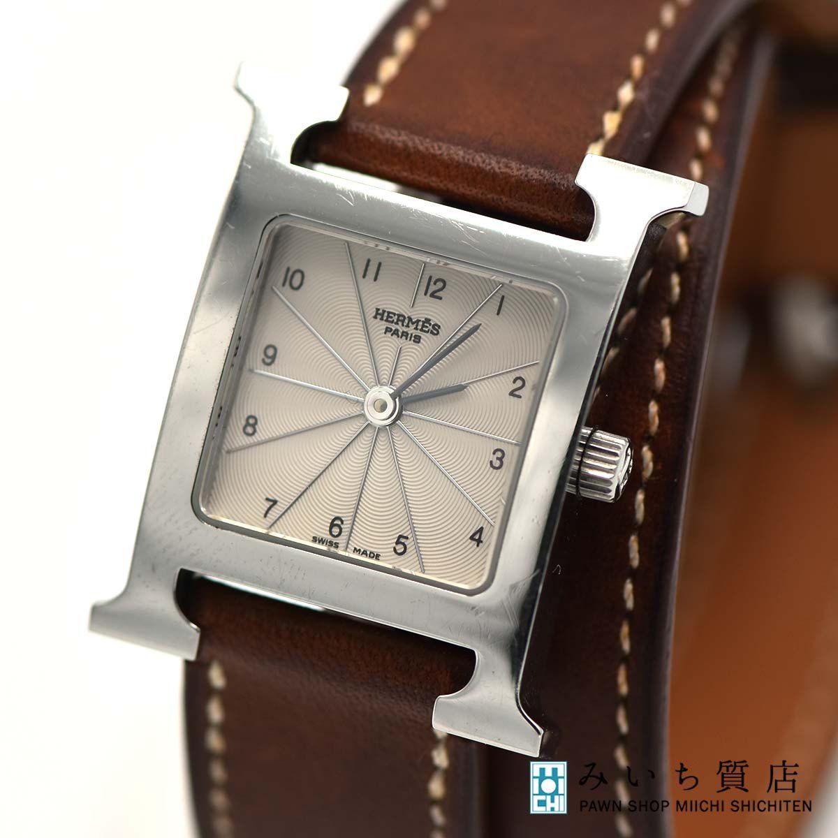 腕時計 稼働 HERMES エルメス HH1.210 Hウォッチ ドゥブルトゥール クォーツ レディース 白色文字盤 箱有 H850