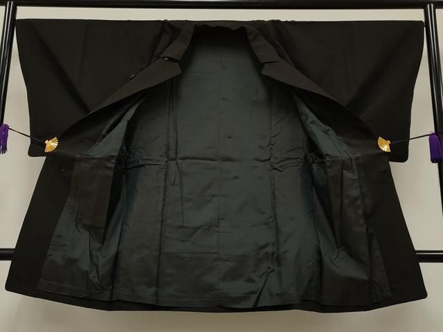 平和屋着物＃男性 和装コート 暗黒色 黒地 ロング丈 正絹 id