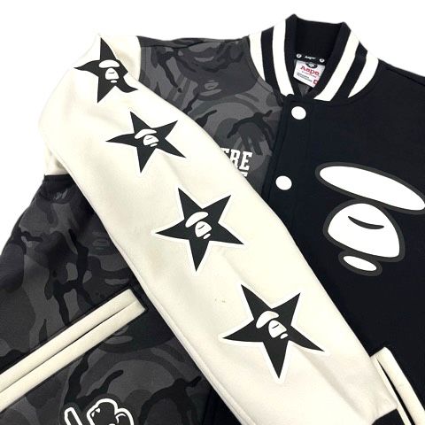 アベイシングエイプ A BATHING APE スタジャン ブルゾン カモフラ柄 プリント ロゴ 裏起毛 長袖 M 黒 ブラック 白 ホワイト KANDAIZUMI_COM