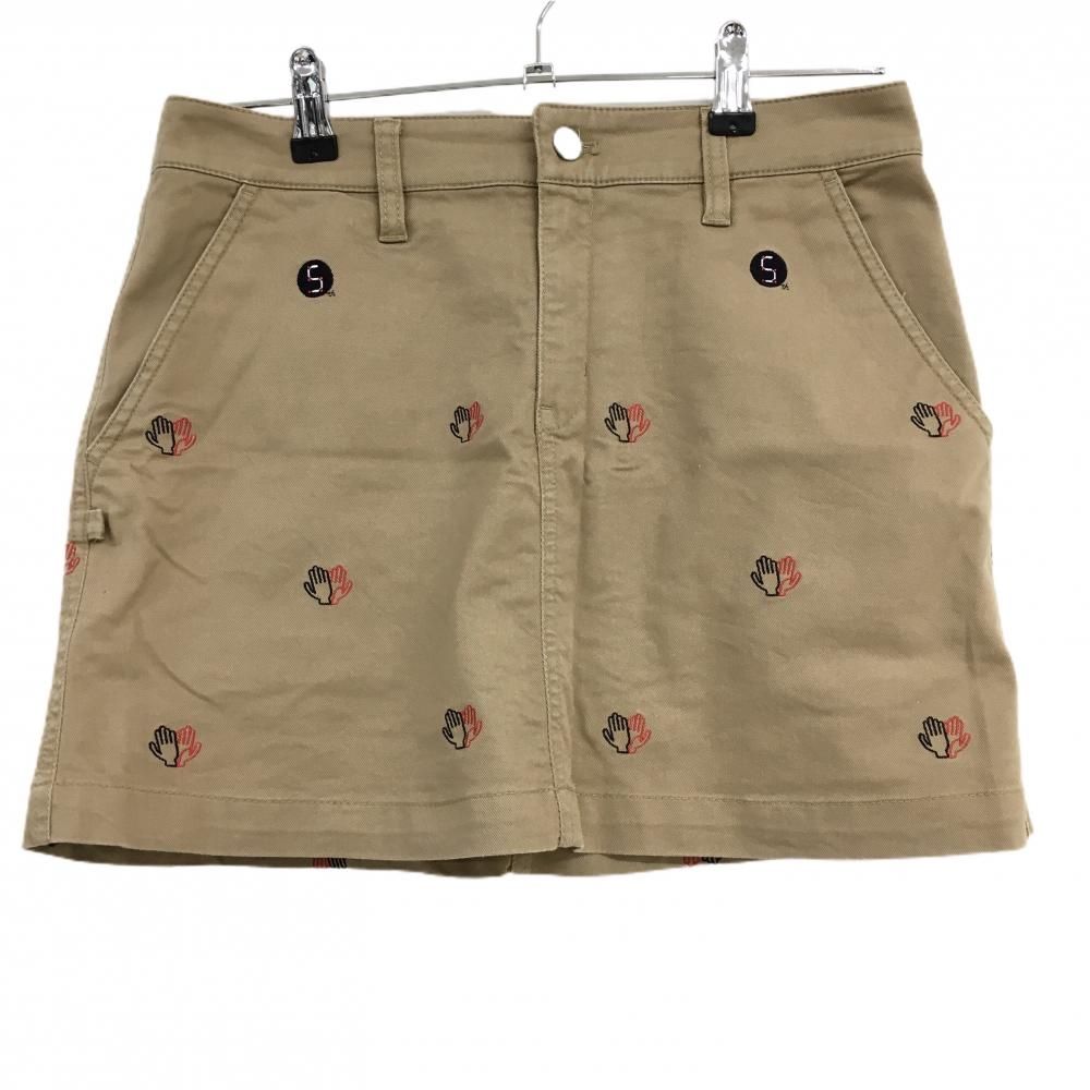 【美品】ジャックバニー スカート ライトブラウン×ネイビー×レッド ハンド刺しゅう 5周年 レディース 2(L) ゴルフウェア Jack Bunny