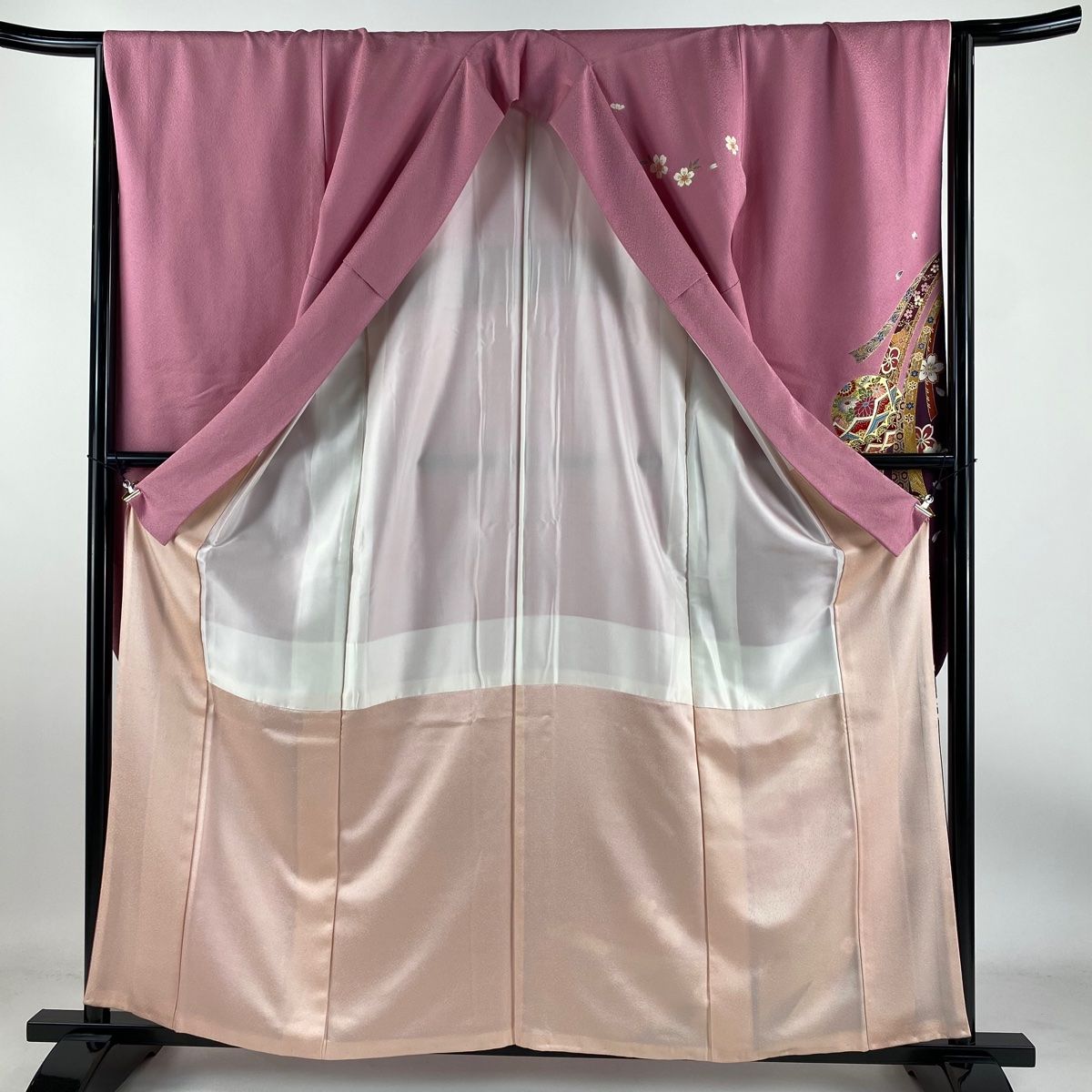 振袖 身丈168cm 裄丈72cm L 袷 鼓 扇 金糸 金彩 ピンク 正絹 美品 逸品 中古 振袖 身丈171.5cm 裄丈72cm L 袷 袋帯フルセット 牡丹 鈴 箔 金彩 緑
