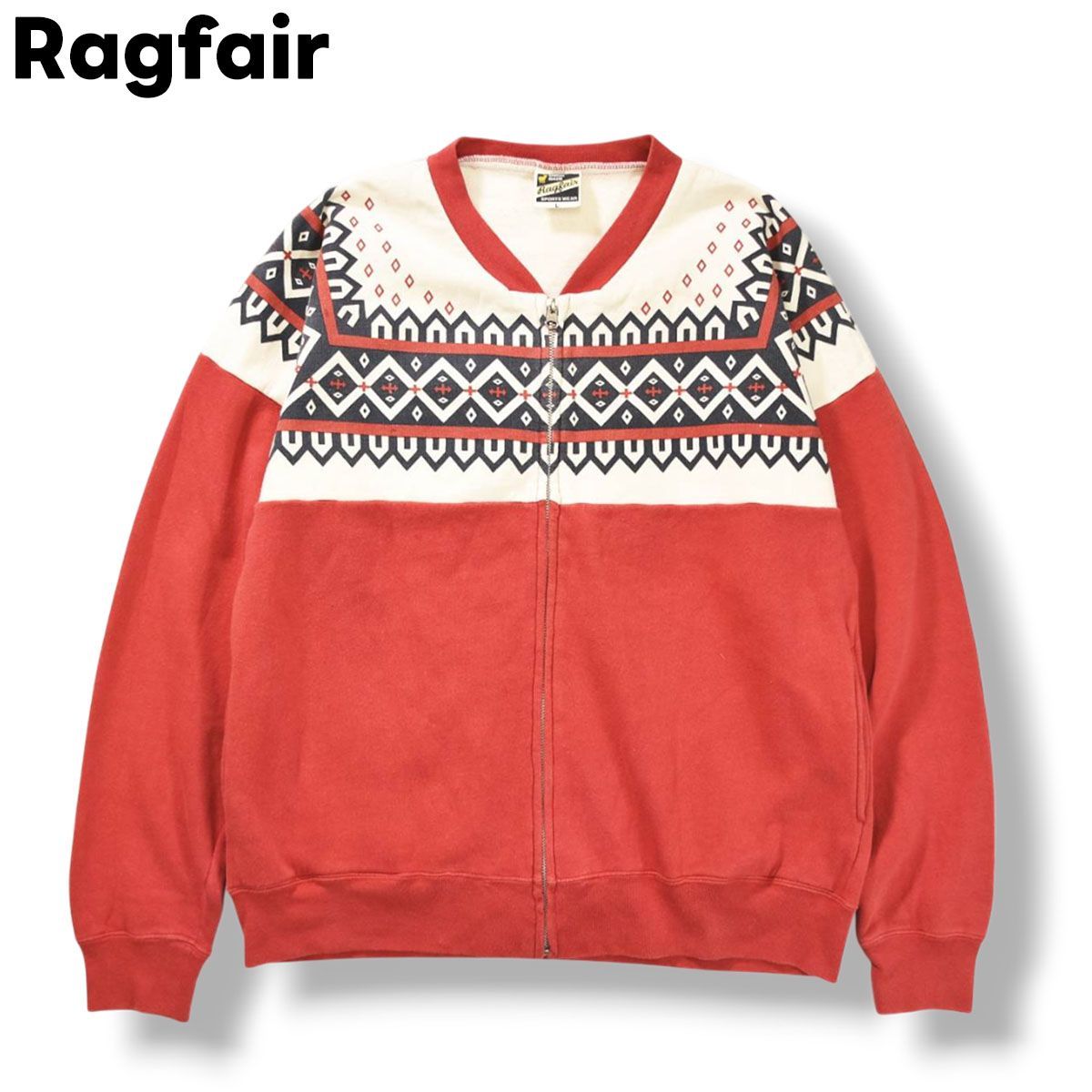 名品 50s60s復刻 ラグフェア Ragfair 雪柄 ジップアップ スウェット ブルゾン ジャケット スノーパターン トップス ライトアウター アメカジ ストリート 裏起毛 L レッド メンズ