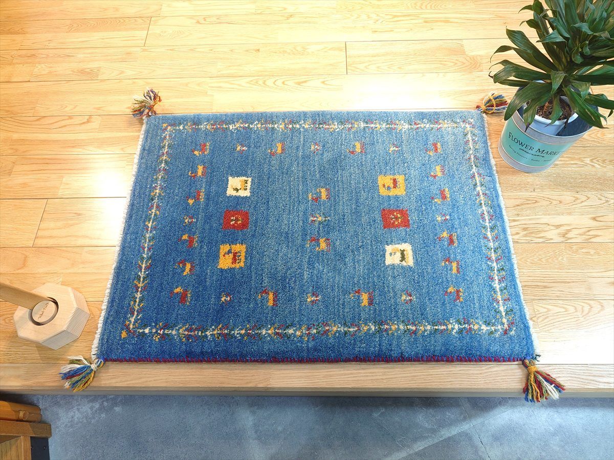 ペルシャ ギャッベ 玄関マット ラグ 88x63㎝ パネル 生命の木 ヤギ羊 青色 RJ6853