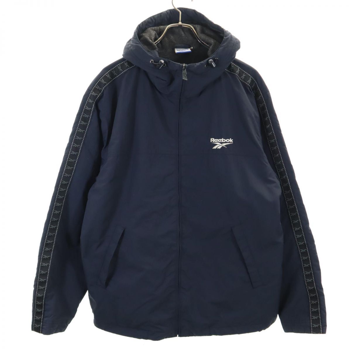 リーボック ナイロンジャケット L ネイビー Reebok フード 裏フリース 中綿 メンズ 古着 【240116】