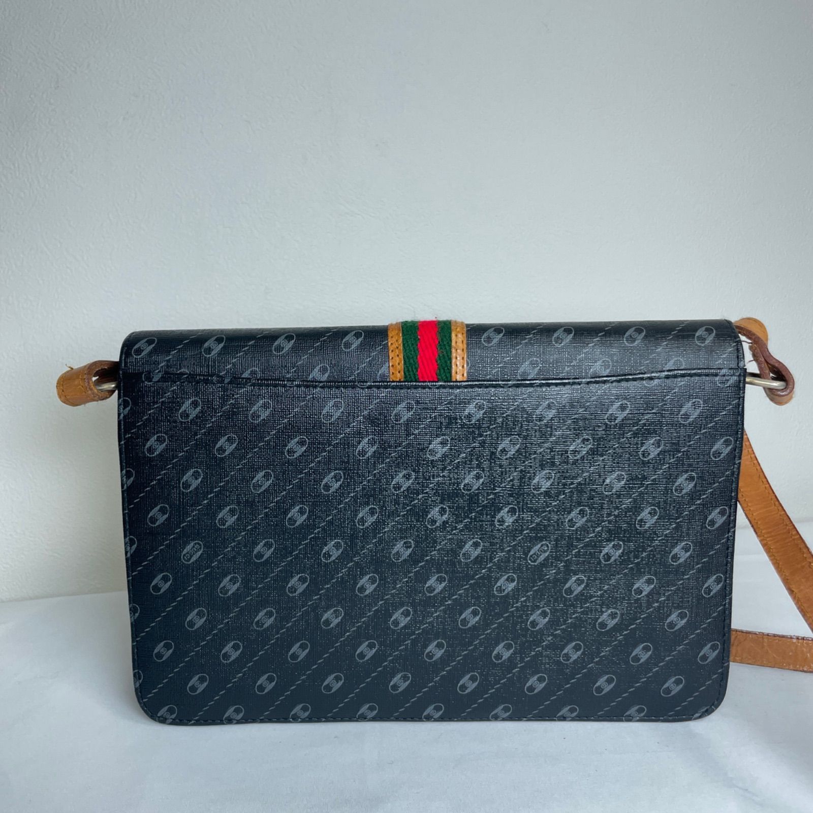 【214132】GUCCI グッチ  オールドグッチ　シェリーライン ヴィンテージ　コーティングレザー ショルダーバッグ　PVC　がま口ポケット ブラック