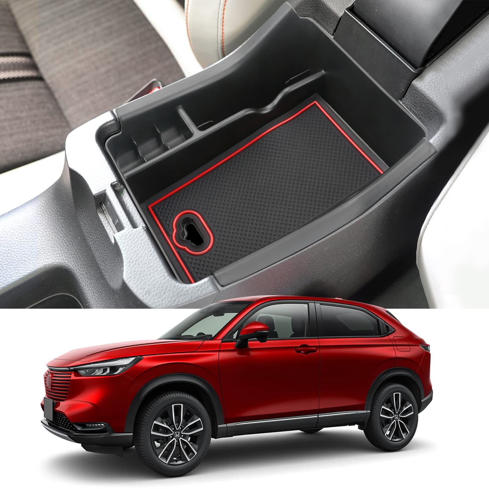 新品 Coleya ホンダ ヴェゼル新型 RV3/RV4/RV5/RV6型 2代目 2021~ コンソール収納ボックス 内蔵型コンソールトレイ 収納トレイ ラバーマット付き 滑り止め 車種専用 ABS素材 カー用品（レッド）