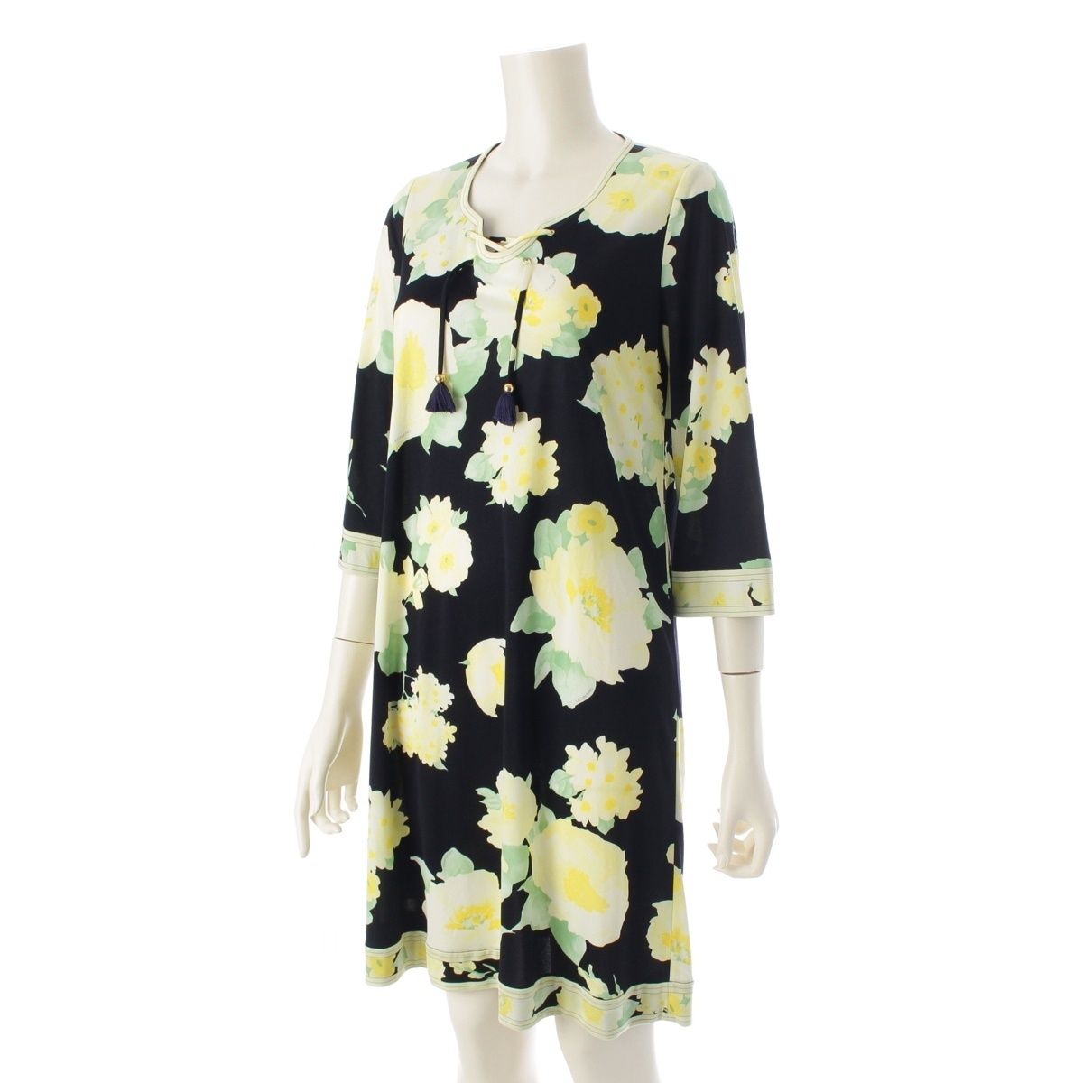 レオナール アセテート×ポリエステル カンカン タッセル フラワー 花柄 総柄 ワンピース ドレス 0350307 イエロー ブラック 36