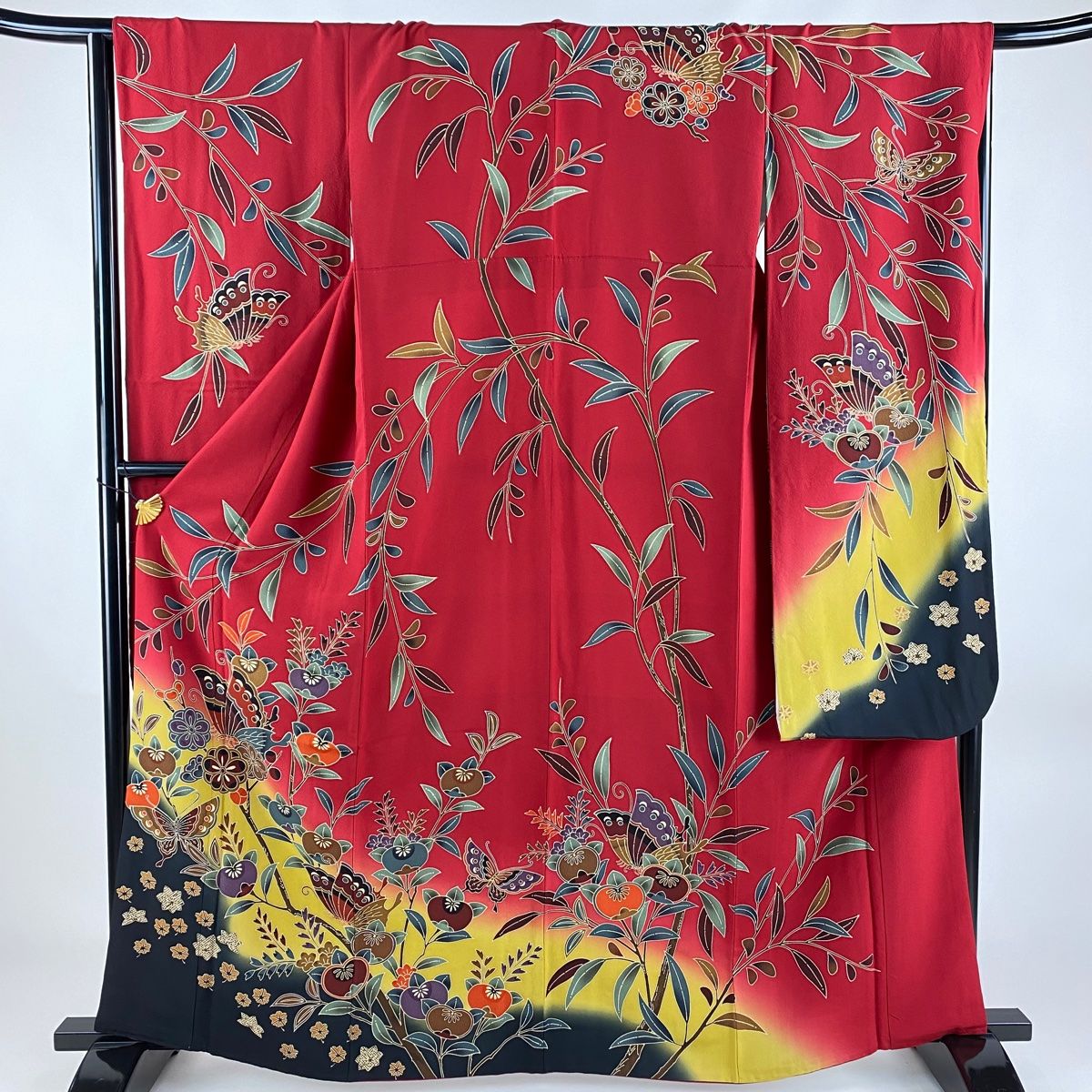 振袖 身丈163cm 裄丈66cm M 袷 橘花 蝶 染め分け ぼかし 赤 正絹 美品  