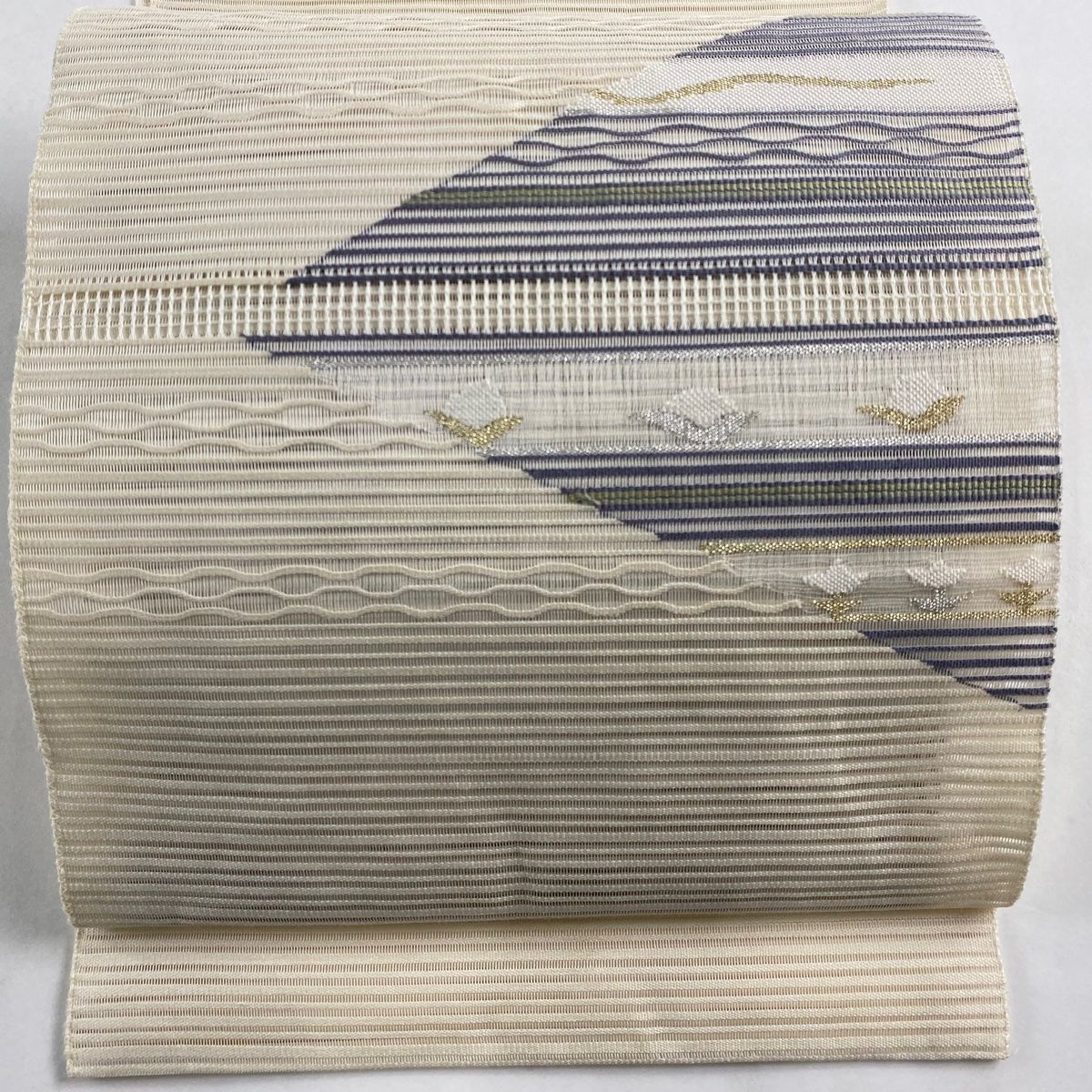 名古屋帯 秀品 八寸名古屋帯 夏帯 絽 草花 縞 金銀糸 クリーム 正絹