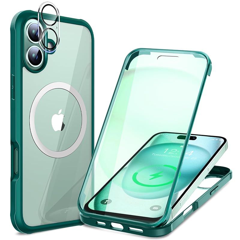 【両面強化ガラス・驚異的な耐衝撃性】HAUTRKBG iPhone 16 用 ケース クリア 全面保護 [MagSafe対応] [カメラフイルムを贈] 高タッチパネル感度 マグセーフ ワイヤレス充電対応 米軍MIL規格取得 耐衝
