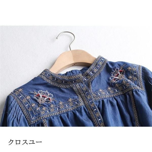 ブラウス レディース トップス チュニック 春 夏 デニム プルオーバー 花柄 刺繍 長袖 Uネック 体型カバー 大きいサイズ 薄手 40代　 ブラウス レディース トップス チュニック 春 夏 デニム プル