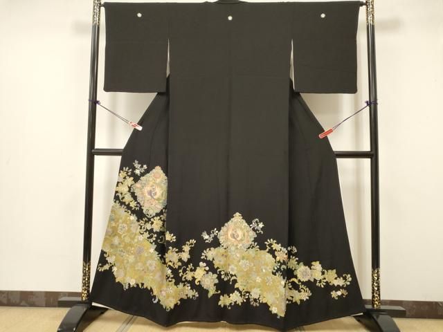 平和屋着物□豪華黒留袖 駒刺繍 鳳凰更紗花唐草文 金彩 正絹