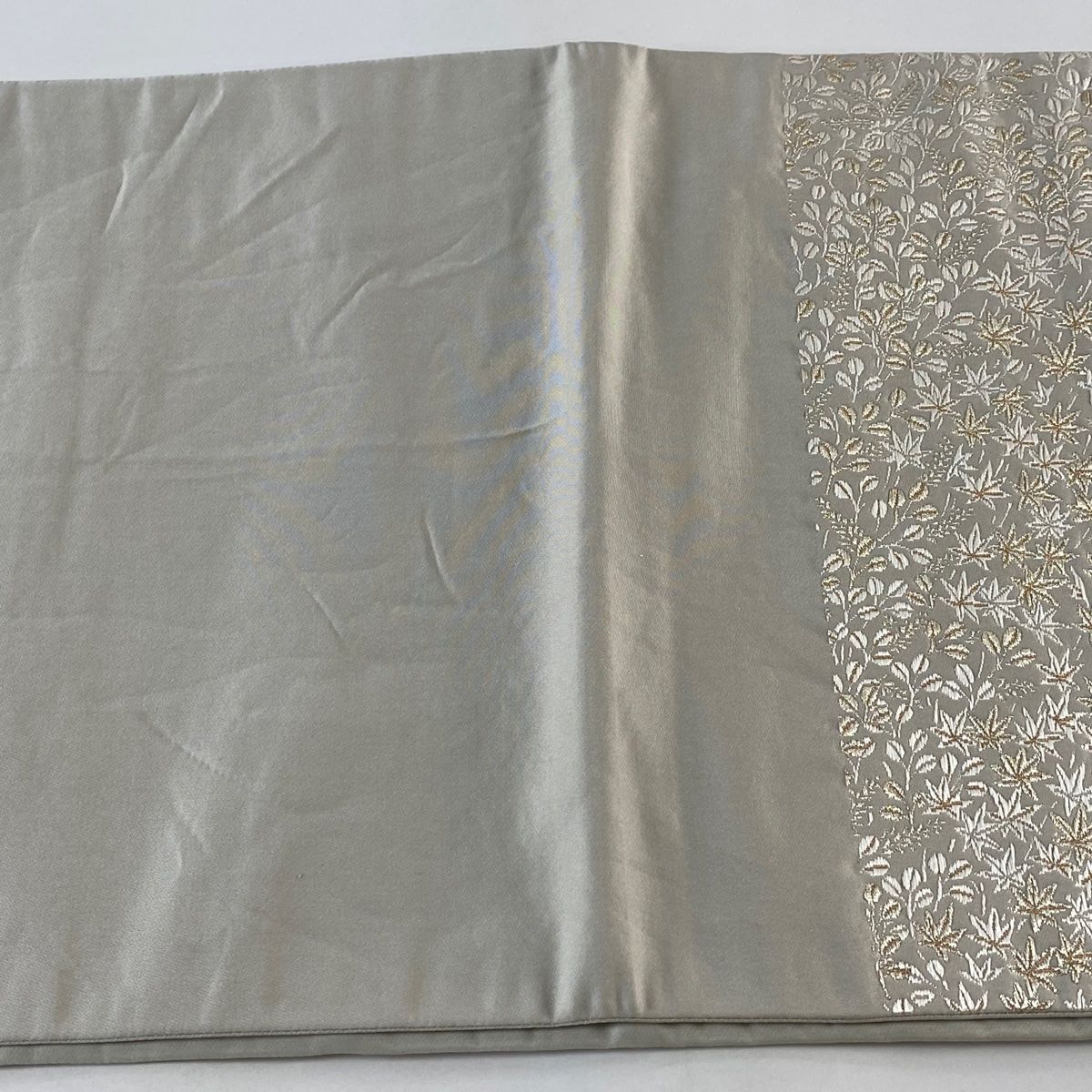 袋帯 美品 名品 加納幸 落款 花丸文 扇 金銀糸 刺繍 灰色 お太鼓