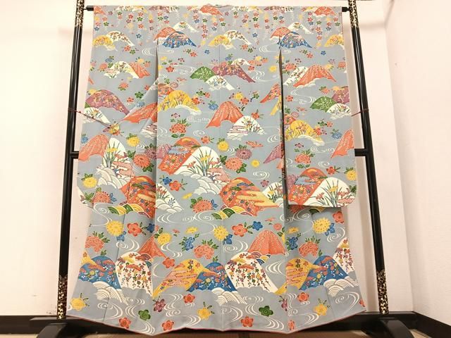 平和屋着物●豪華振袖 型染め 遠山草花文 鬼しぼ縮緬 正絹 AABB7269ph