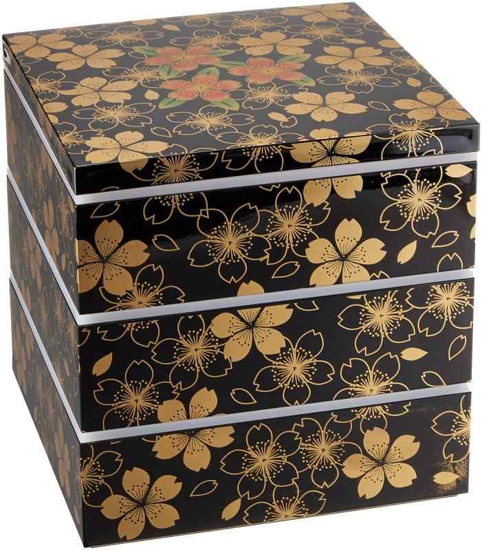 まえじゅう漆器 重箱 三段 華の舞 黒 花 シール付 伝統工芸 山中塗り 21.5cm 角型 4~5人用 7R-773