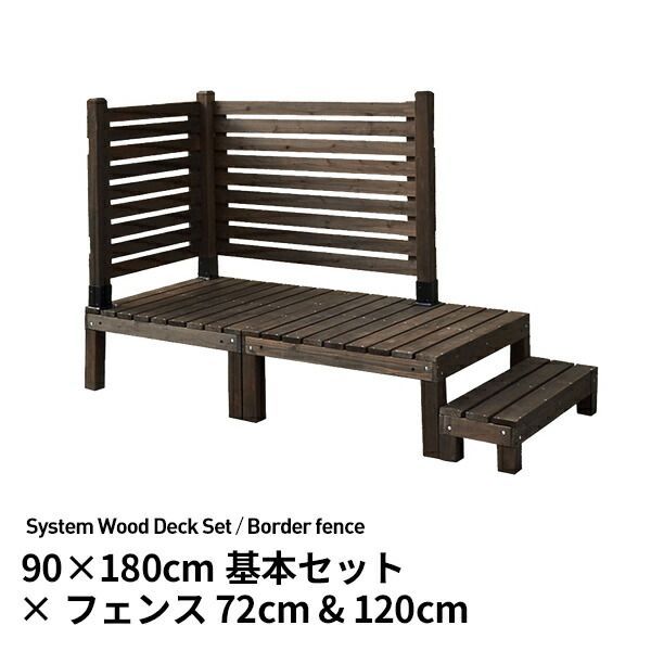 ガーデンガーデン ウッドデッキ キット システムサンデッキ ボーダーフェンス付セット 幅120-72cm デッキ2台 ステップ台 SD-9018-BFS72120DBR