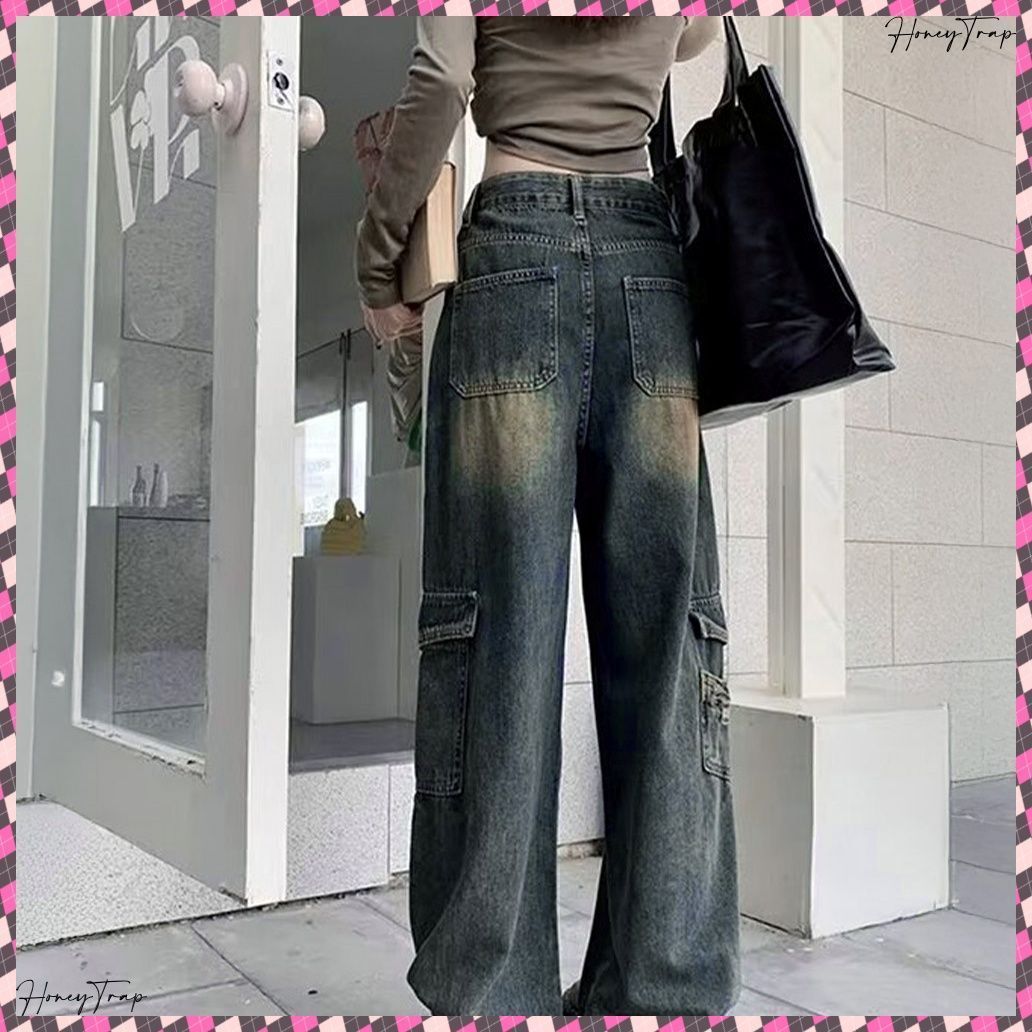 ウォッシュデニムカーゴパンツ レディース ブリーチデニムパンツ メンズライクジーンズ ストリート系 体型カバーボトムス 美脚脚長 着やせ セミワイドデニム 韓国風ヴィンテージ古着風