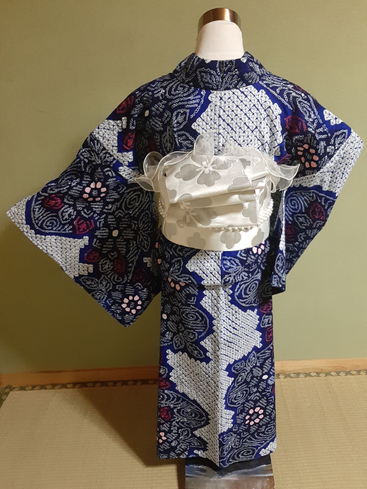 有松鳴海絞り 高級 浴衣 伝統工芸 市松間道 草花文✨ほぼ未使用