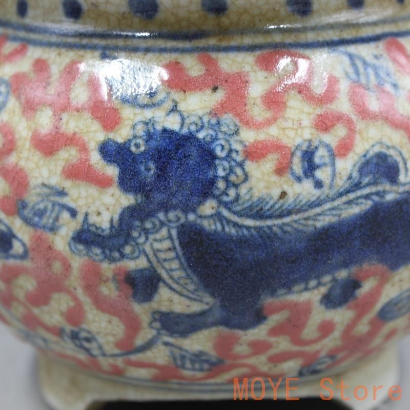 青花釉裏紅纏枝麒麟三足香炉 現代工芸品 美術品 置物zw0829