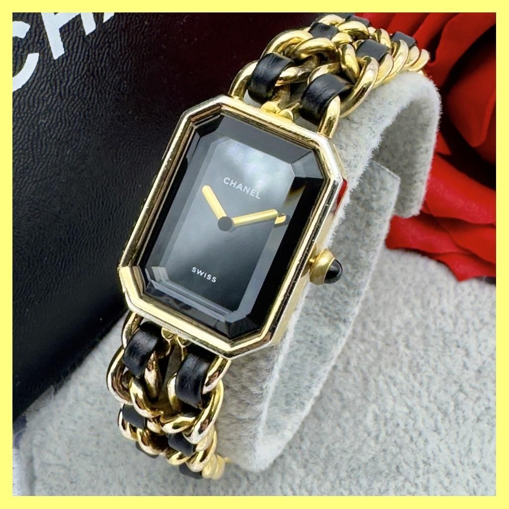 プルミエール Mサイズ 腕時計 チェーン レザー 黒文字盤 ゴールド ブラック16cmケースタテ